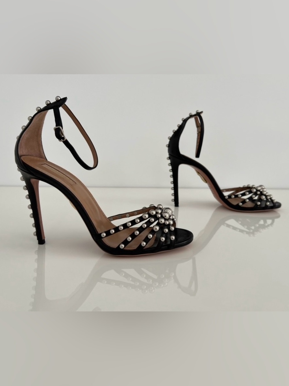 AQUAZZURA BLACK LEATHER SILVER STUDDED SANDALS SIZE IT 38 / US 8 - Picture 9 of 17
